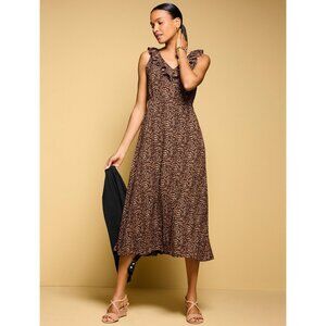 Talbots Womens Dress Sz 14 Fit & Flare Ruffle Midi Leopard Animal Print Crepe